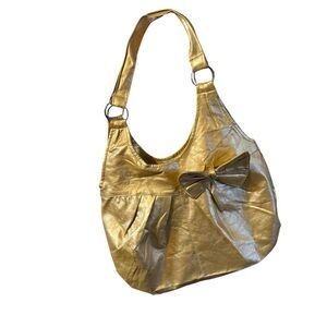 NWT Hobo Shoulder Bag Gold Metallic Silver Hardware Big Bow Accent Snap Close
